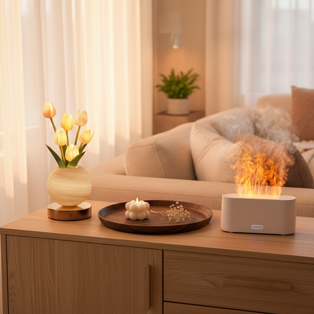 Home Vibes Kit – Tulip Lamp, Flame Diffuser & Wooden Tray Bundle | AuroFlora