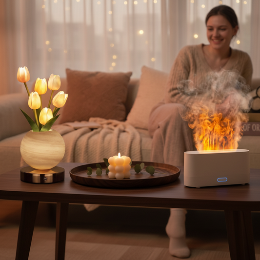 Home Vibes Kit – Tulip Lamp, Flame Diffuser & Wooden Tray Bundle | AuroFlora